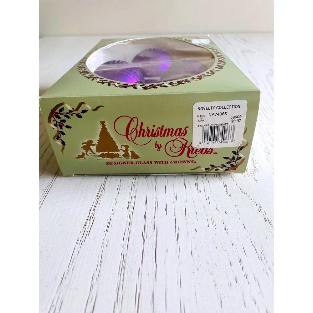 Vintage Christmas by‎ Krebs 4pc Glass Ornaments Purple Maze Pattern Designer 5in